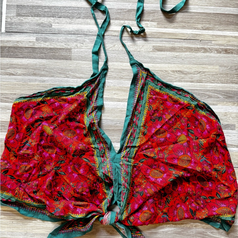 Natural life Bright Red Floral Tie-Front Halter Top with Teal Trim